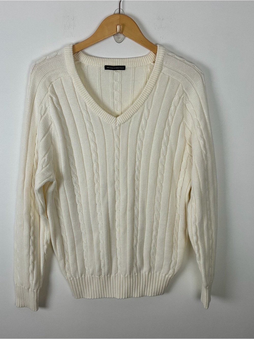 Brandy Melville Cotton Blend Ivory Cable Knit V-Neck Sweater Oversize Preppy OS